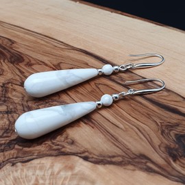 THEPRETTYBITS White Howlite Teardrop Earrings, Beaded Natural Gemstone, Long Dangle Drop, Sterling Silver Hooks, Handmade Boho Chic Crystal Chakra Statement