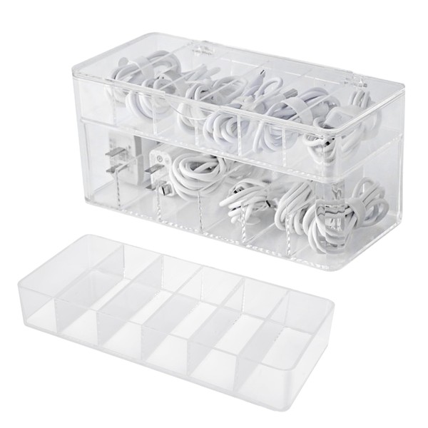 YZZAOO Cable Storage Box, Double Layer Cable Organiser Box with 12 Compartments and 15 Cable Ties, Transparent Cable Management Box for Desk Storage, Office, Home Use