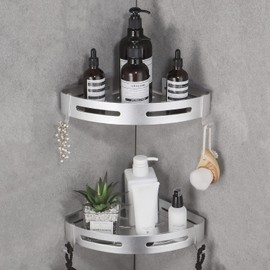 TAGNEFLOR 2 Piezas Estanteria Ducha para Baño, repisa baño sin Taladro, con 4 Ganchos de Estantes de Esquina de baño, Accesorios para Baño Aluminio