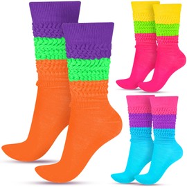 Geyoga 3 Pairs 80s 90s Neon Women's Slouch Socks, Extra Long Heavy Stacked Socks Soft Scrunch Knee High Sock Size 9 to 10(Multicolor)