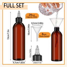 Barydat 24 Pcs 8 oz Squeeze Bottle Twist Top Applicator Bottles Empty Hair Oiling Bottle with 4 Funnels Refillable Plastic Liquid Containers Amber Plastic Bottles for Liquid Hair Oil Shampoo Lotion