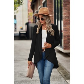 Famulily Cardigans for Women, Casual Knitted Open Front Full Sleeve Mid Length Lightweight Cardigan Top (XXL, Black)