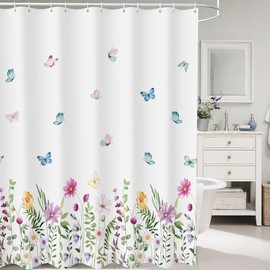 SASTYBALE Spring Shower Curtain with Hooks Wild Plants Floral Butterfly Flower Waterproof Waffle Bathtub Shower Curtains for Bathroom, Hotel, 72 x 72 Inch Colorful