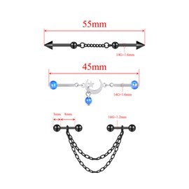 Oyaface 6 PCS 14G(1.6mm) Stainless Steel Black Silver Helix Industrial Barbells with Chains Piercing Spikes Moon Styles Set Industrial Bar Earrings for Cartilage