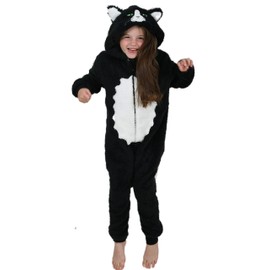 Onesie for Boys or Girls Fluffy Black White Cat with Tail -Animal Costumes AllinOnes in Kids Age 3-4 Years BW CAT
