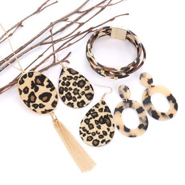Leopard Jewelry Set for Women Animal Print Long Tas ssel Pendant Necklaces Acrylic Drop Dangle Earring Cheetah Wrap Bangle Bracelet (Style A)