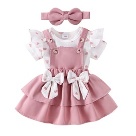 FOCUTEBB 12 Months Baby Girl Clothes Baby Girl Summer Outfits Love Heart Print Short Sleeved Ruffled Cute Romper Dress Suspender Skirt With Bow Headband Infant Outfits Set Pink 12-18 Months