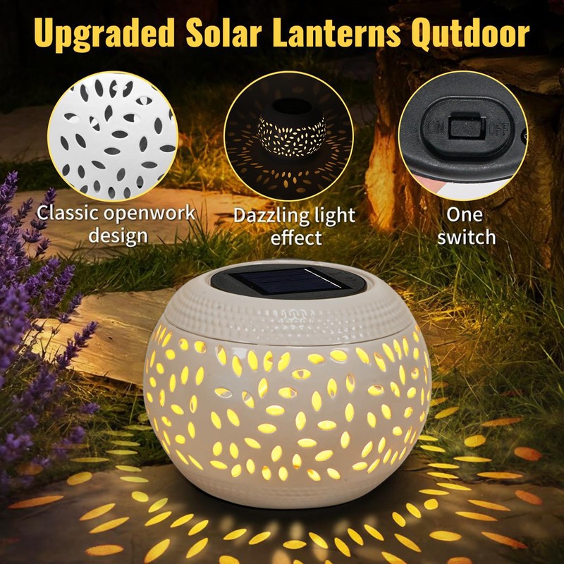 Solar Powered Table Light Waterproof - White Metal Retro Hollowed-Out
