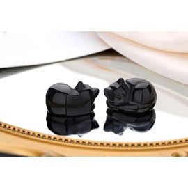 QINJIEJIE Black Obsidian Cat Crystals Figurine Sleeping Cat Decor Healing Stone Statue Gift Polished Carved Gemstones Sculpture Office Home Desk Lucky Kitten Cute Decoration for Cat Lover Men Women