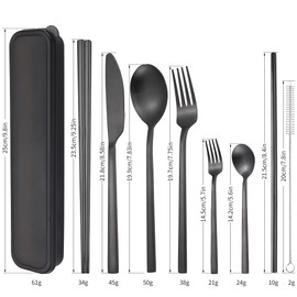 AARAINBOW 6 Pieces Stainless Steel Flatware Set Portable Reusable Cutlery Set Travel Utensils Set Including Chopsticks Knife Fork Spoon Straws Cleaning Brush Dishwasher Safe (B-Black)