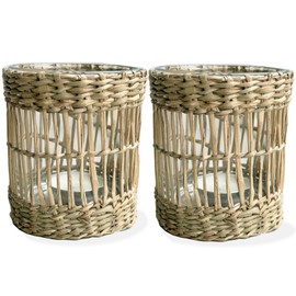 Natural Rattan Wicker Woven Tea Light Candle Holder, Decorative Hand Woven Votive Tealight Candle Holder, Rustic Vintage Seagrass Glass Hurricane for Dining Table Kitchen Decor Holiday