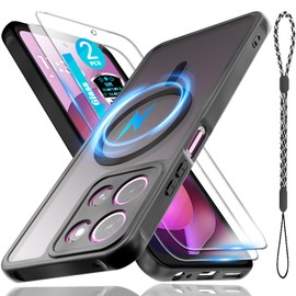 for Moto G 5G 2026/2025 and G Play 2025/2026 Case，Magsafe Magnetic Slim Shockproof Protective Case,Translucent Matte Back with Lanyard Strap and 2 * 9H Tempered Glass Screen Protector 6.7-inch-Black
