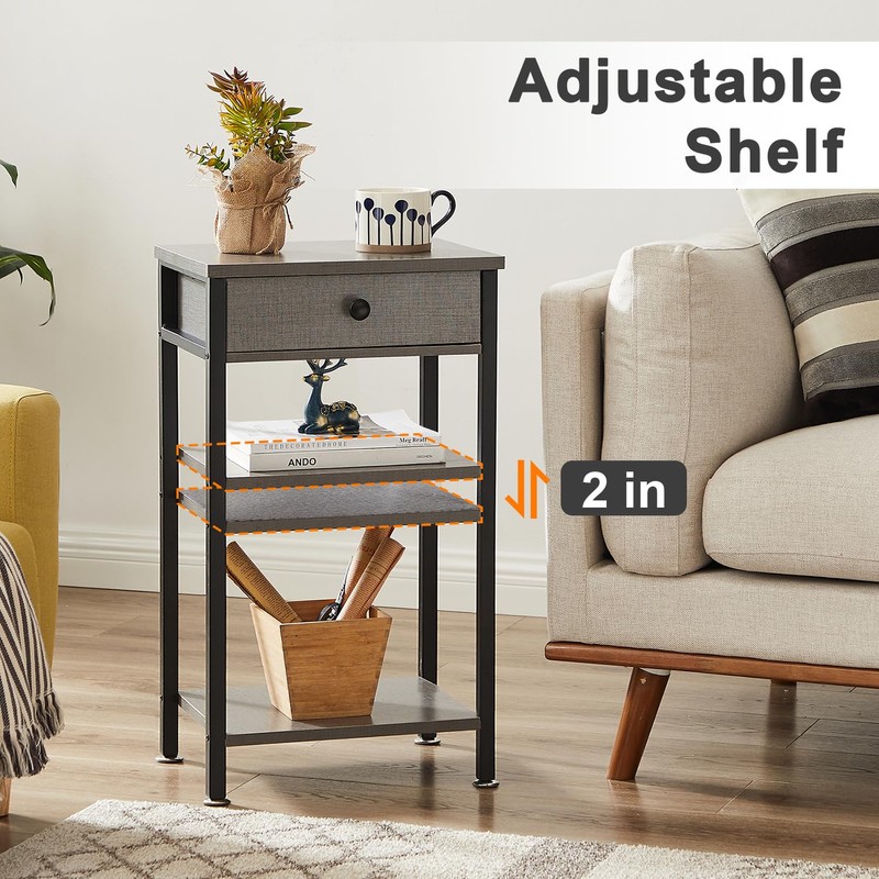 VECELO Tall End Side Table,Nightstand with Adjustable Shelf and Bin