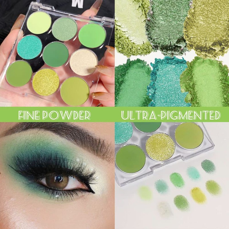 9-Color Shimmer & Matte Green Eyeshadow Palette – Highly Pigmented