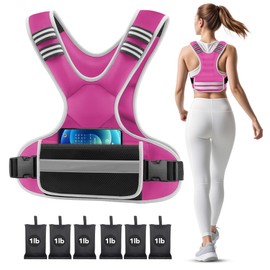 Adjustable Weighted Vest Woman 4-10lb/12-18lb/20-32lb Weighted Vest Men with 6 Ironsand Weights, Shoulder Pads and Large Pocket for Walking Running Crossfit Strength Training, 4-10lb, pink