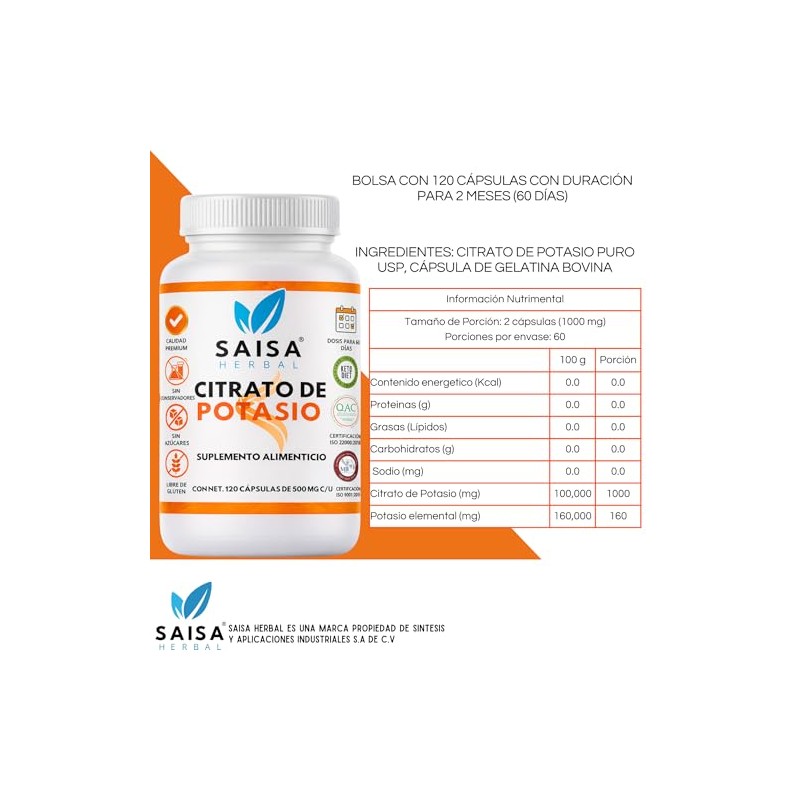 SAISA HERBAL Citrato de Potasio 100% Puro, 120 Cápsulas |