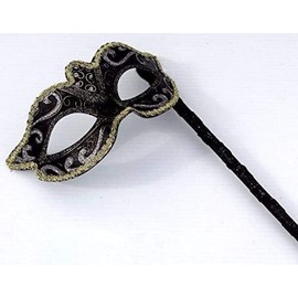 VENETIAN MASQUERADE PARTY EYE BALL FACE MASK ON A STICK BLACK, SILVER, BRONZE & GOLD