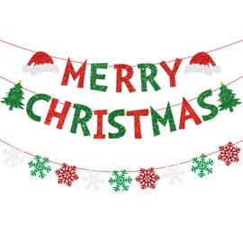 Merry Christmas Banner Decorations, Red Green Glitter Paper Banner Decorations Glitter Hanging for Christmas Party Xmas Decorations, Home Office Party, Fireplace Mantel, Farmhouse Decor