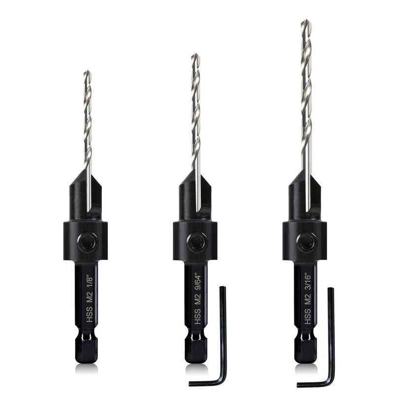 3-pc Countersink Drill Bit Set #10#12#16, 3in1 Woodworking Counterbore Hole