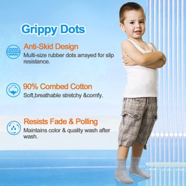 GRPSKCOS Toddler Kids Non Slip Socks- 12 Pairs Anti Slip Socks for Girls Boys 1-10 Years Old Everyday Wear, Assorted Colors Children Socks with Grip(#5 Black+Grey- 12 Pairs,7-10 Years)