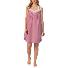 Lanz of Salzburg Women's 100% Cotton Woven Lawn & Seersucker 36" Sleeveless Chemise, Ruffle Hem, Pintuck Neckline & Buttons, Red Gingham, X-Small