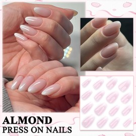Virellay Almond Fake Nails, Artificial Fingernails, Press On Nails Almond (Pink White Ombre, 24 Pieces)