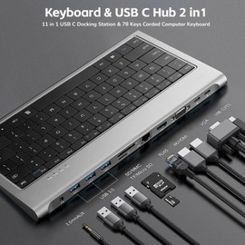 Yoidesu Wired Keyboard with USB C Hub, 11 in 1 USB C Docking Station & 78 Keys Corded Computer Keyboard with 4K VGA USB3.0x3 100W PD 1000Mbps RJ45 TF Slot 3.5mm AUX