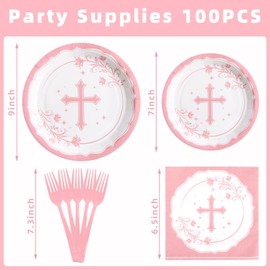 100PCS First Communion Decorations pink and white Disposable Baptism Paper Plates and Napkins Party Supplies Decorations, Severs 25