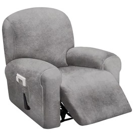 ULTICOR 4-Piece, 1 Seat Recliner Cover, Velvet Stretch Reclining Chair Covers for 1 Cushion Reclining Sofa, Single Seat Recliner Couch Cover, Thick, Very Soft, Machine Washable (Light Grey)
