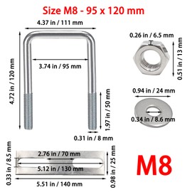 duoyif U Bolt M8 95 x 120 mm U Screws M8 U-Bolt Square Stainless Steel with Nut Frame Plate Washer U Bracket for Pipe Attachment Car Ships Towing 2 Pieces (95 x 120 mm)