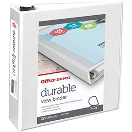 Office Depot Brand Durable View D-Ring Binder, 3" Rings, 39% Recycled, White