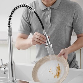 VOTON Chrome Kitchen Faucets with Pull Out Sprayer Commercial Spring Sink Faucet Stainless Steel Pull Down Single Handle Farmhouse faucets with Deck Plate for Camper Laundry Utility Rv Wet Bar