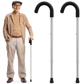 Geiserailie 2 Pcs Walking Cane Round Handle Aluminum Walking Cane Adjustable Walking Stick for Men Women, Adjustable Height 29 to 38 Inches, with Foam Grips, Silver