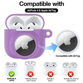 LDSXAY 2 in 1 Silicone Case Compatible with AirPod 4 and AirTag, Shockproof Protective Skin Cover for AirPods 4th Generation with Cleaner Kit & Carabiner (Purple)