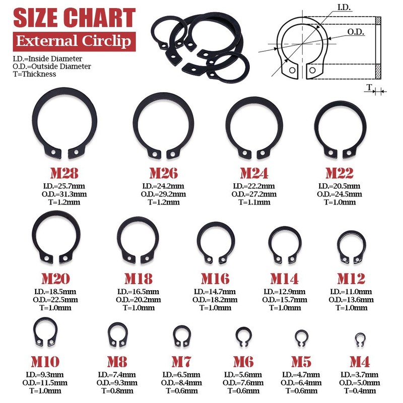 Hilitchi 300-Pcs [15-Size] Alloy Steel External Circlip Snap Retaining Clip