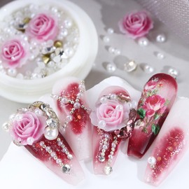 1 Box Pink Rose Nail Art Charms Valentine's Day Resin Nail Charms White Pearl Rhinestone Nail Charms Design for Acylic Nail DIY Decoration Nail Accessories Valentine's Nail Supplies