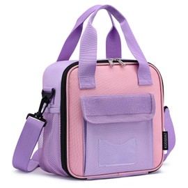 Kuosdaz Lunch Box for Kids, Large Double-Insulated Lunch Bag for Girls, Cooler Bag Back to School Thermal Reusable, Cute Preppy Students Lunch Tote Pail with Water Bottle Holder, Pink & Purple