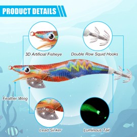10Pcs Luminous Squid Jig Hook Kit- Artificial Shrimp Hard Lures Glow in The Dark Bionic Bait for Saltwater Fishing Cuttlefish Squid (2.5#)