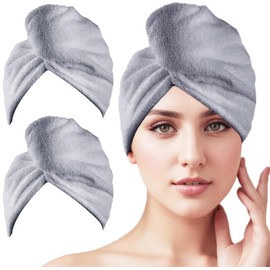 2 Pack Microfiber Hair Towel Wrap,Super Absorbent Twist Hair Turban Hair Wrap for Women Fast Drying Hair Drying Cap with Buttons,H HOME-MART Long & Thick Microfibre Hair Towel Grey