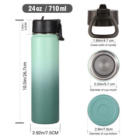 Volhoply 24oz Insulated Water Bottle With Straw Bulk 3 Pack,Metal Wide Mouth Water Bottles With Handle Lid Keep Cold,Reusable Double Wall Cups,Powder Coated Sport Bottle For Holder(Mojito,3 Count)