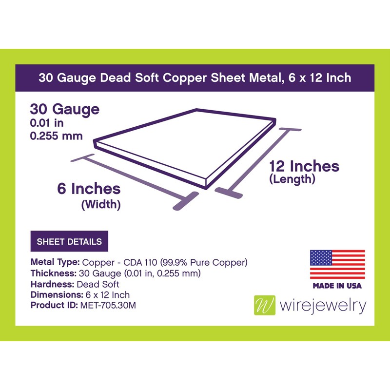 WireJewelry 30 Gauge 0.010 Dead Soft Copper Sheet Metal -