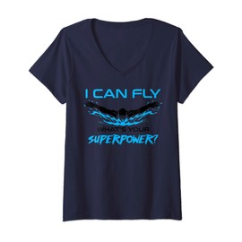 Womens Funny I Can Fly Swimming Gift | Cute Butterfly Swimmer Coach V-Neck T-Shirt