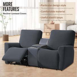 KEKUOU Recliner Loveseat Covers, 4 Pieces Stretch Recliner Sofa Covers for 2 seat Reclining Loveseat Couch, Furniture Protector with Elastic Bottom for Babies and Dogs. (Loveseat Recliner, Charcoal)