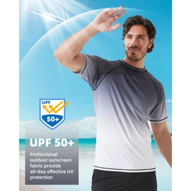 Arcweg Rash Guard Men Short Sleeves Shirt UPF 50+ Elastic Rash Vest Loose Fit Swimming Top Quick Drying Running Vest Sports Top Gray Gradient L（UK