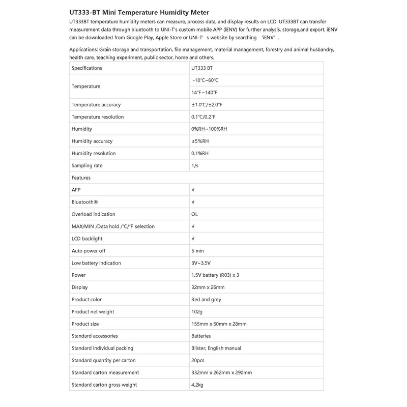 UNI-T UT33BT Mini Meter Temperature and Humidity with Bluetooth, -10°C-60°C/14F-140°F,