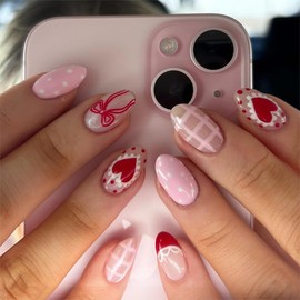 Cute Pink Press on Nails Medium Almond French Tip Fake Nails Bow Heart Stick on Nails French Grid Dots False Nails with Designs Glossy Full Cover Acrylic Nails Holiday DIY Art for Women 24Pcs