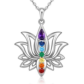 Jewlikee 7 Chakra Necklace Sterling Silver Yoga Lotus Pendant Chakra Stone Bar Necklaces for Women Energy Balance