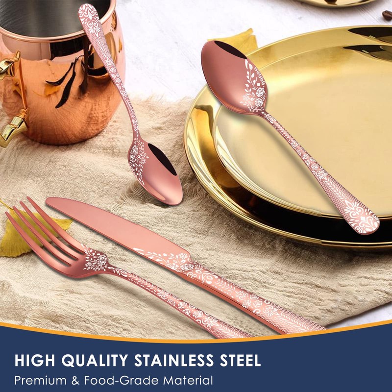 EUIRIO 72-Piece Copper Silverware Set with Steak Knives,Rose Gold Flatware