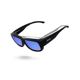 Meeloog Polarized Fit Over Glasses Sunglasses For Men, Rectangle Wrap Around Sun Glasses for Driving Riding Fishing MST0006 (P1 Black Frame/Blue Mirrored Lens)
