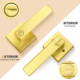 Probrico Gold Door Handles Interior Square Privacy Door Levers Keyless Door Lock for Bedroom and Bedroom,Reversible for Right/Left Side